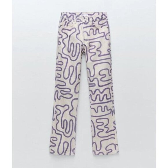 NWOT Zara beige cream & purple swirl graffiti printed straight high waist jeans - Picture 4 of 10